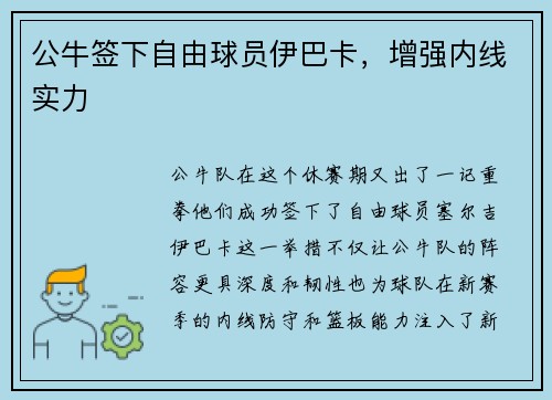 公牛签下自由球员伊巴卡，增强内线实力