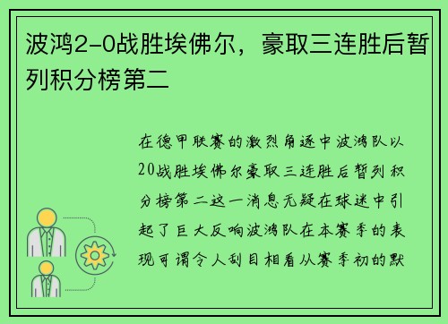 波鸿2-0战胜埃佛尔，豪取三连胜后暂列积分榜第二