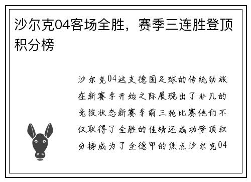 沙尔克04客场全胜，赛季三连胜登顶积分榜