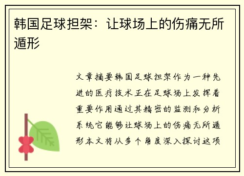 韩国足球担架:让球场上的伤痛无所遁形